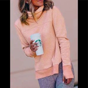 Dusty Pink Loose High Collar Loose Rib Knit Cuffs & Trim Side Split Sweatshirt